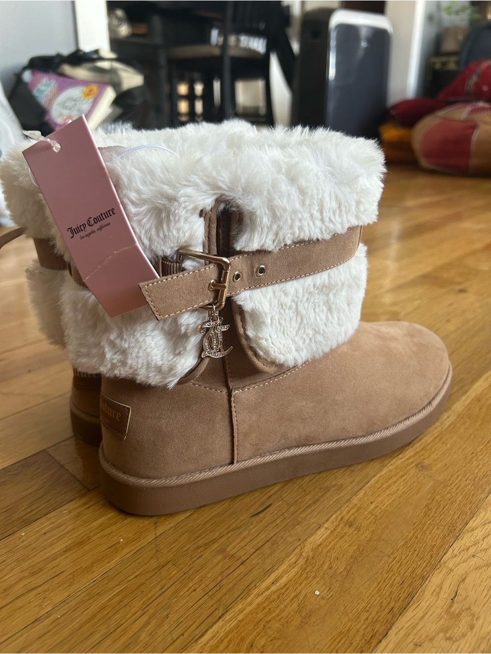 Juicy Couture Tan and White Faux Fur Ankle Boots